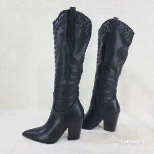 Weaver Black Matte Western Knee High Cowgirl Boots Weave Design